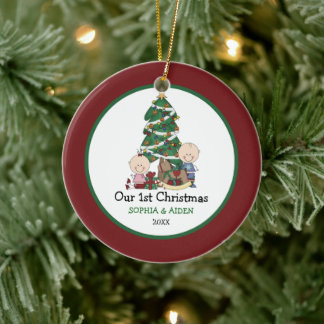 Cute Twins 1st Christmas Personalized Ceramic Ornament