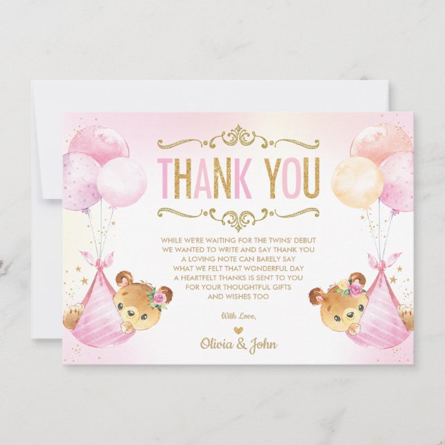 Cute Twins Baby Girls Teddy Bears Baby Shower  Thank You Card (Front)