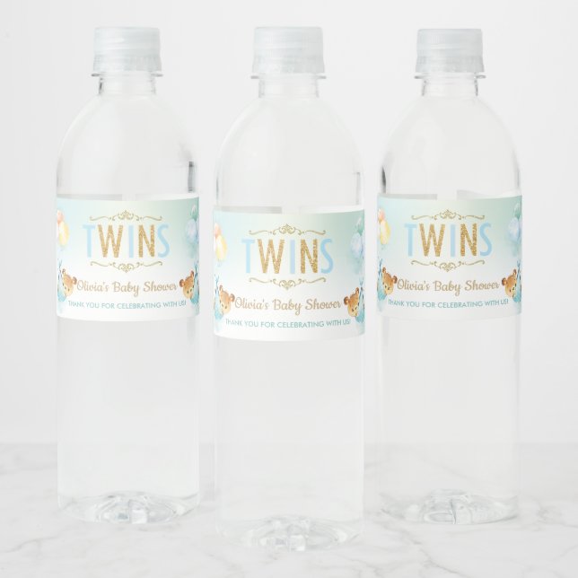 Cute Twins Boys Teddy Bear Baby Shower Favour Water Bottle Label (Bottles)