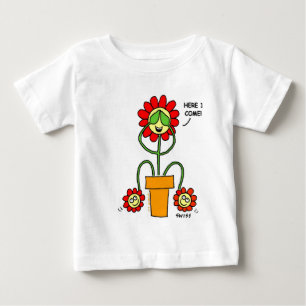 Cute Twins Cartoon Flowers Mom with Twin Babies Baby T-Shirt