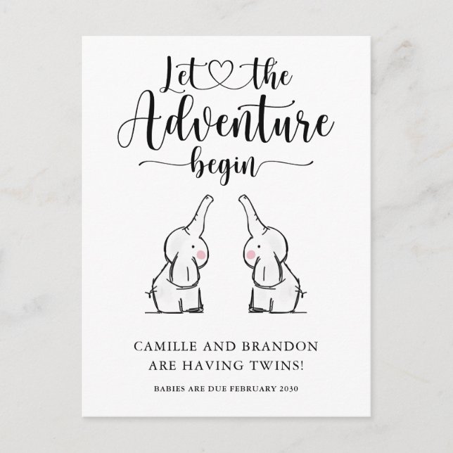 Cute Twins Elephants Pregnancy Announcement Postcard (Front)