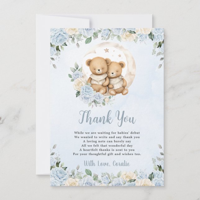 Cute Twins Teddy Bears Blue Floral Boy Baby Shower Thank You Card (Front)