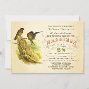 cute two birds vintage wedding invitation