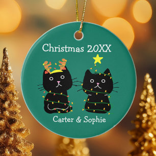 Cute Two Cat Christmas Lights Custom Names Green Ceramic Ornament