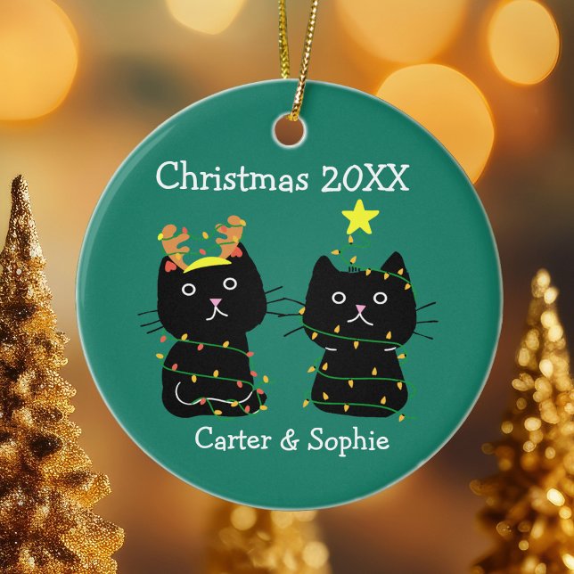 Cute Two Cat Christmas Lights Custom Names Green Ceramic Ornament (Creator Uploaded)