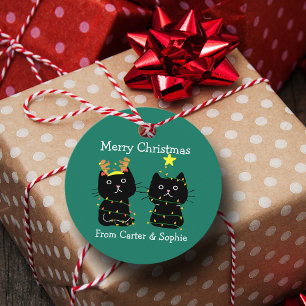 Cute Two Cat Christmas Lights Personalized Green Favour Tags