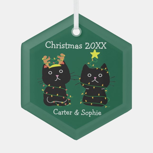 Cute Two Cat Christmas Lights Personalized Green Glass Ornament (Front)