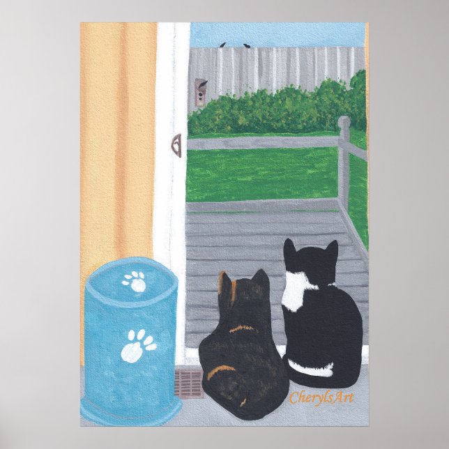 Cute Two Cats Bird Watching Deck Posters (Front)