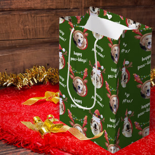 Cute Two Dog Photo Merry Christmas Green Medium Gift Bag