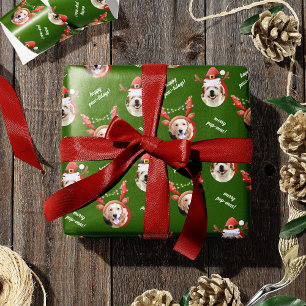 Cute Two Dog Photo Merry Christmas Green Wrapping Paper