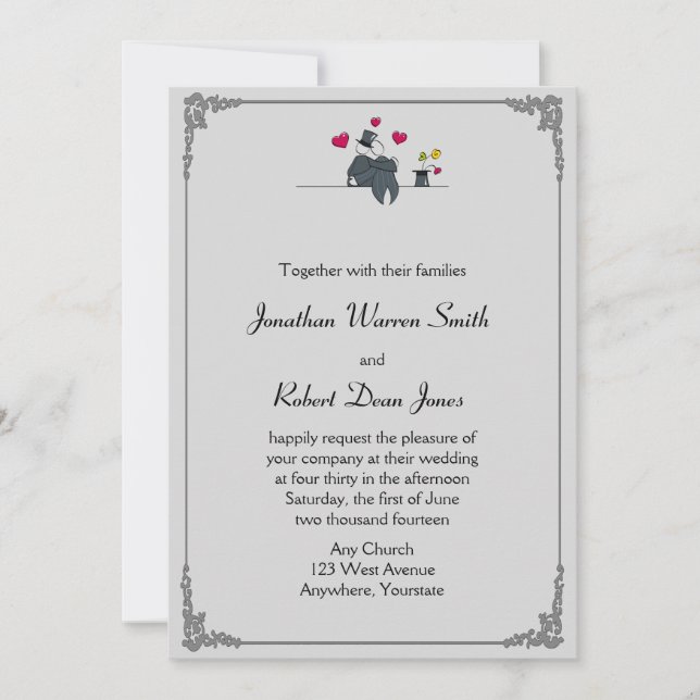 Cute Two Grooms Cartoon Gay Wedding Invitation (Front)