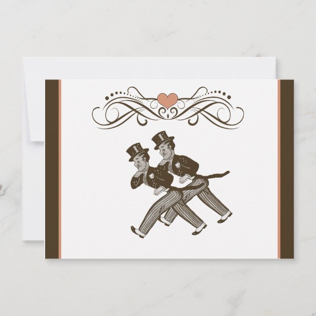 Cute Two Grooms Gay Wedding Invitation Brown Pink (Front)