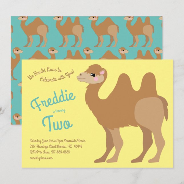 Cute Two Hump Camel Kids 2nd Birthday Party Invitation (Front/Back)