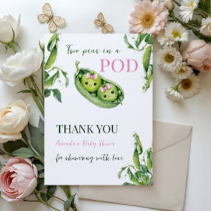 Cute Two Peas in A Pod Pink Girl Twins Baby Shower Thank You Card