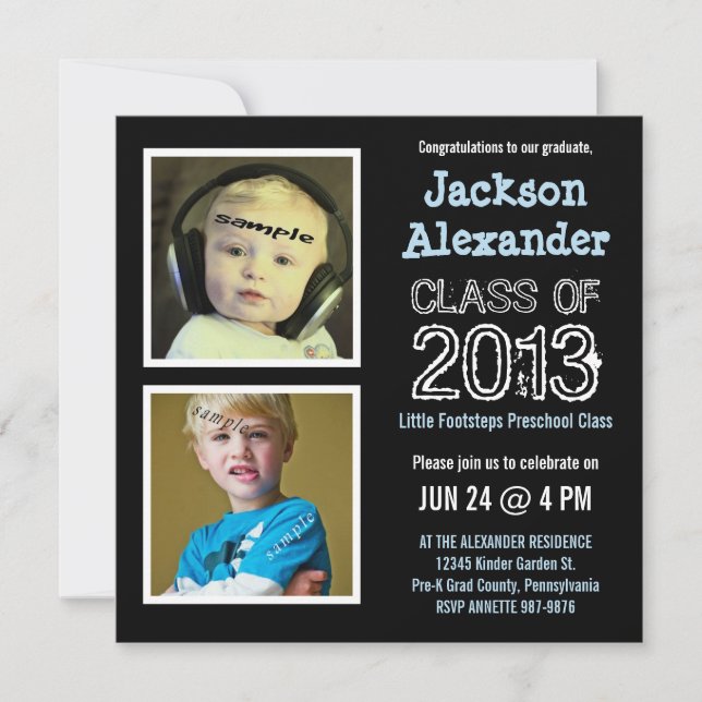 Cute Two Photo Preschool Kindergarten Grad Party Invitation (Front)