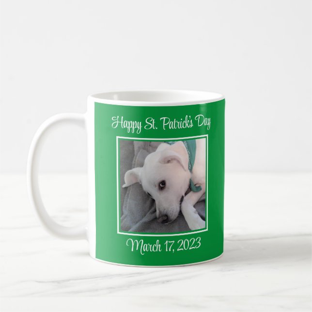 Cute Two Photo St. Patrick's Day Green Lazy Dog Coffee Mug (Left)