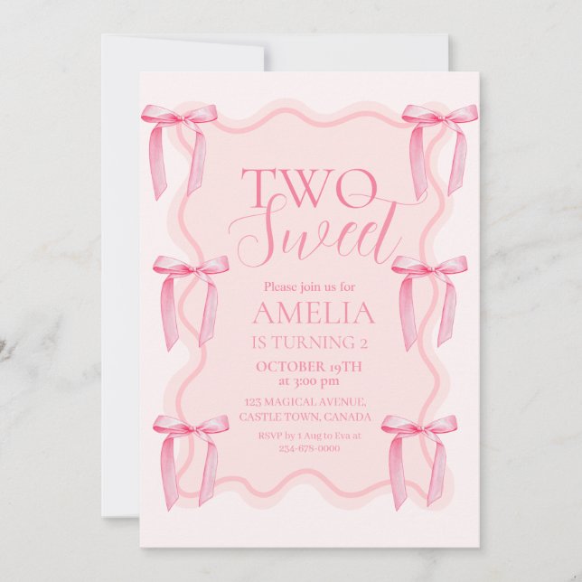 Cute Two Sweet Pink Bow Birthday Party  Invitation (Front)