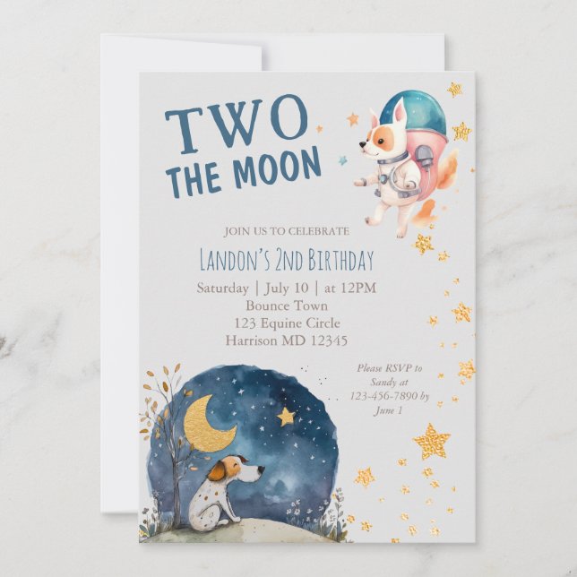 Cute Two the Moon Dog Boys Second Birthday Invitation (Front)