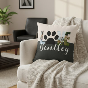 Cute Two Tone Dog Photo Love Paw Print Throw Pillow