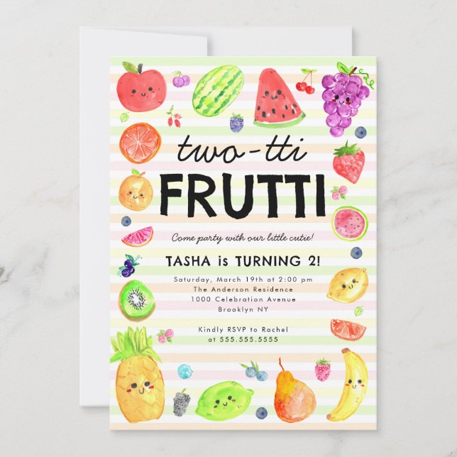 Cute TWO-tti Frutti Summer Fruit 2nd Birthday Invitation (Front)