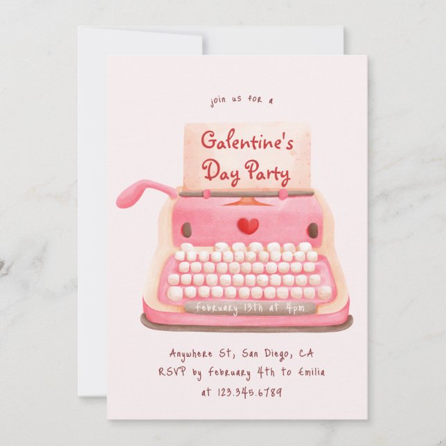 Cute Typewriter Hearts Galentine's Day Party  Invitation (Front)