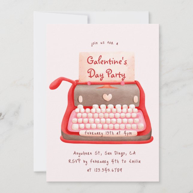 Cute Typewriter Hearts Galentine's Day Party  Invitation (Front)