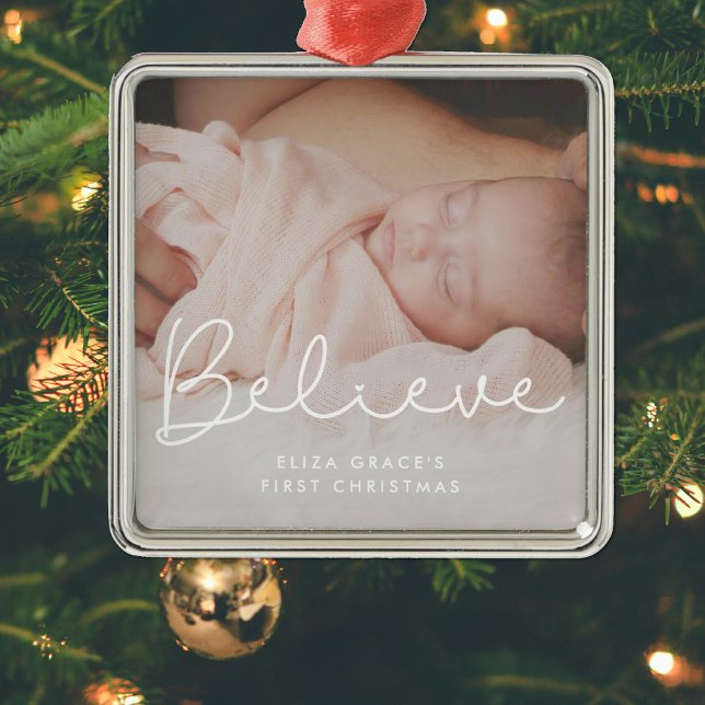 Cute typography Believe Baby's first Christmas Metal Ornament (Creator Uploaded)