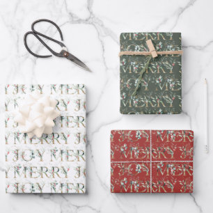 Cute Typography Gold Green Red Botanical Christmas Wrapping Paper Sheet