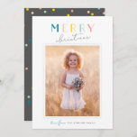 Cute Typography "Merry Christmas" Rainbow Photo Holiday Card<br><div class="desc">Cute,  customizable family photo card with "Merry Christmas" in friendly lettering and confetti on the back,  in trendy pastel rainbow colours: teal blue,  pink,  yellow,  green,  & coral.</div>
