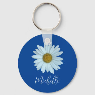 Cute Typography Monogram Botanical White Daisy Keychain