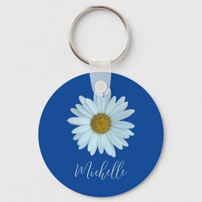 Cute Typography Monogram Botanical White Daisy Keychain (Front)