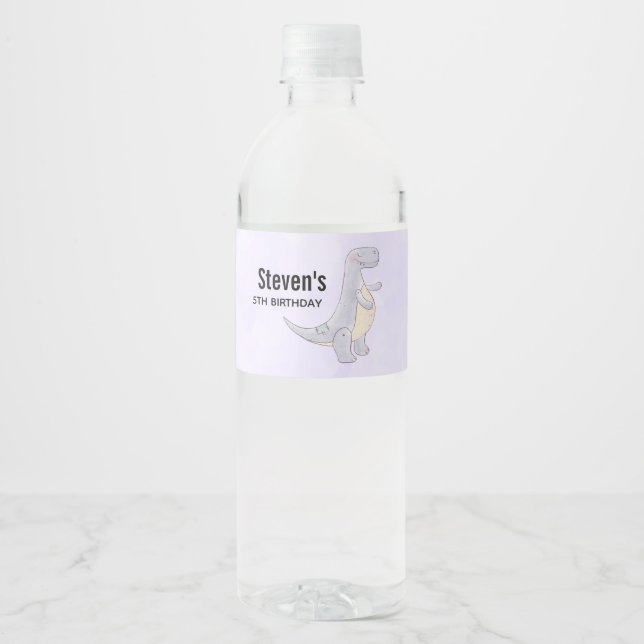 Cute Tyrannosaurus Rex Dinosaur Toy Birthday Water Bottle Label (Front)