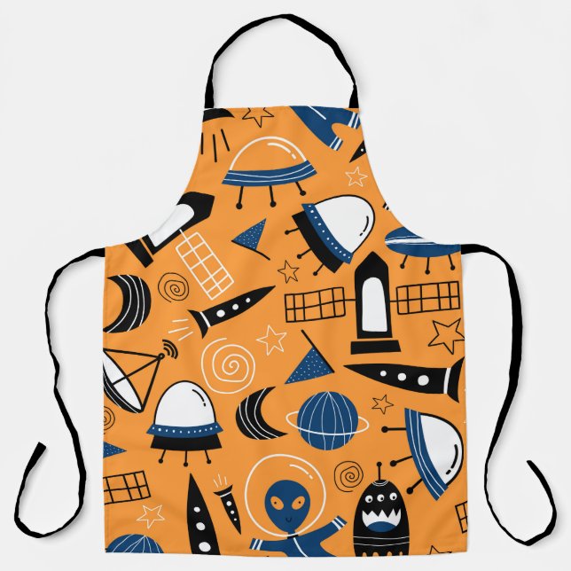 Cute ufo alien spaceships, planets, galaxies seaml apron (Front)