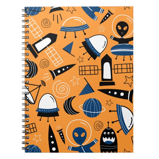 Cute ufo alien spaceships, planets, galaxies seaml notebook (Front)