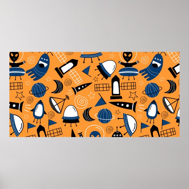 Cute ufo alien spaceships, planets, galaxies seaml poster (Front)