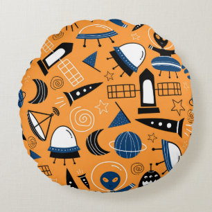 Cute ufo alien spaceships, planets, galaxies seaml round pillow