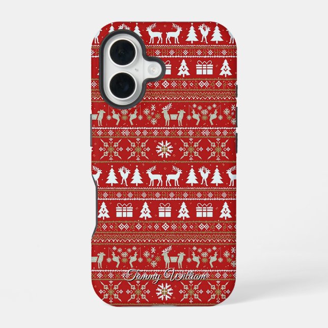 cute ugly christmas sweater pattern iPhone 16 case (Back)