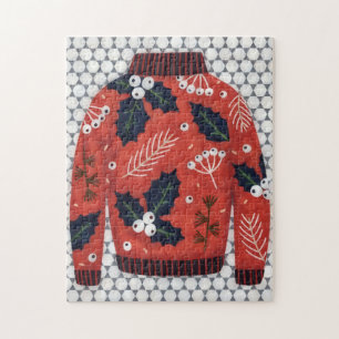 Cute Ugly Sweater Art Christmas Holiday Puzzle Red