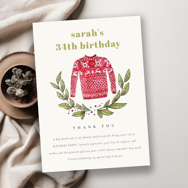 Cute Ugly Sweater Winter Red Any Age Birthday Thank You Card (Creator Uploaded)