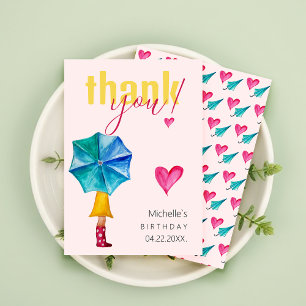 Cute Umbrella Girl Watercolor Illustration Pattern Thank You Card