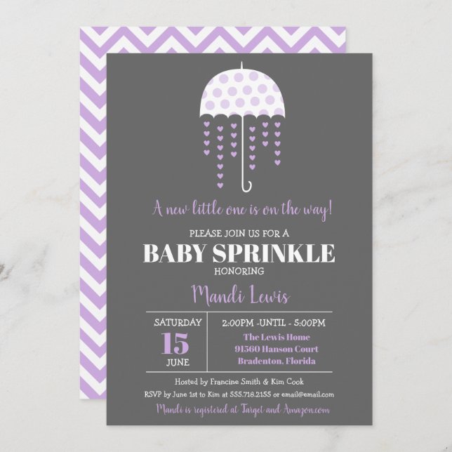 Cute Umbrella Lavender Sprinkle or Baby Shower Invitation (Front/Back)