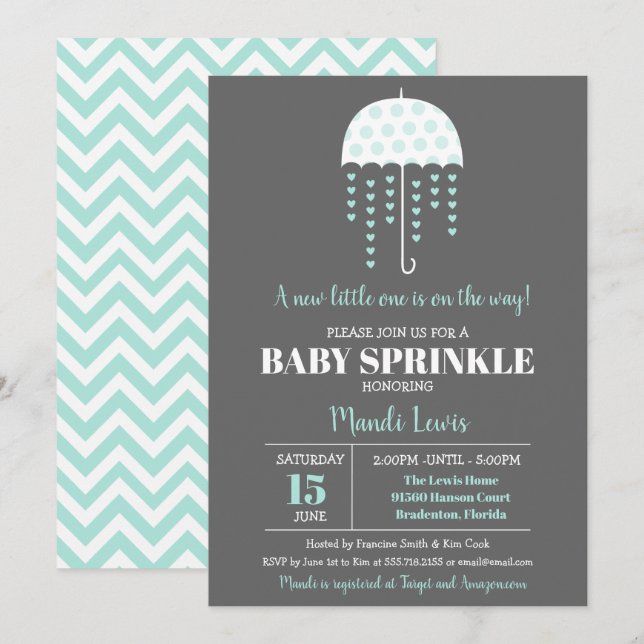 Cute Umbrella Turquoise Sprinkle or Baby Shower Invitation (Front/Back)