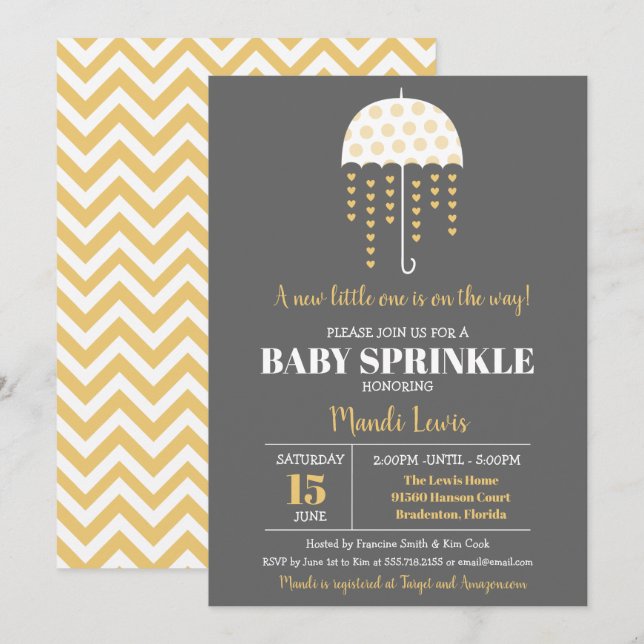 Cute Umbrella Yellow Baby Sprinkle or Baby Shower Invitation (Front/Back)