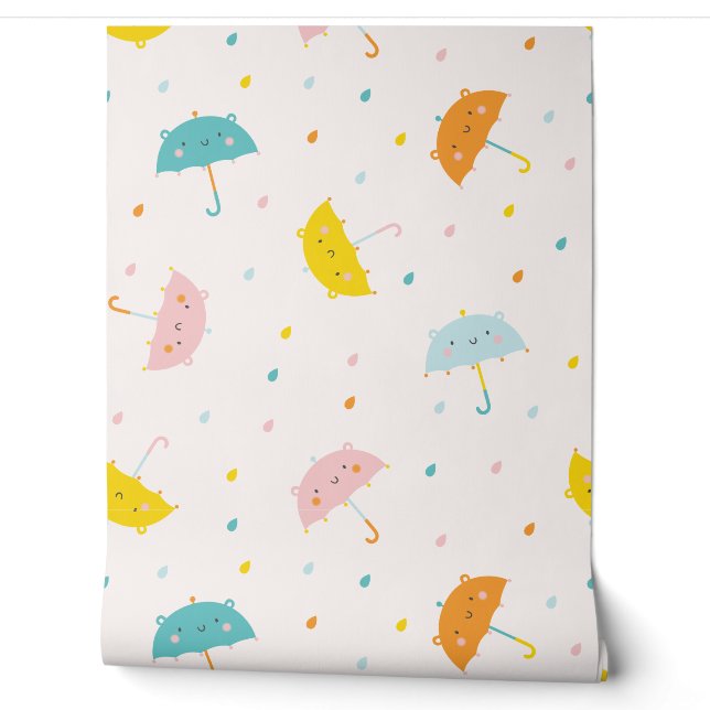 Cute Umbrellas and raindrops cream Wallpaper (Unrolling)