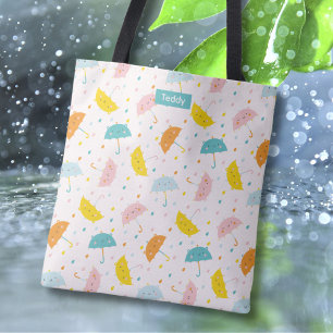 Cute Umbrellas and raindrops with Name Tote