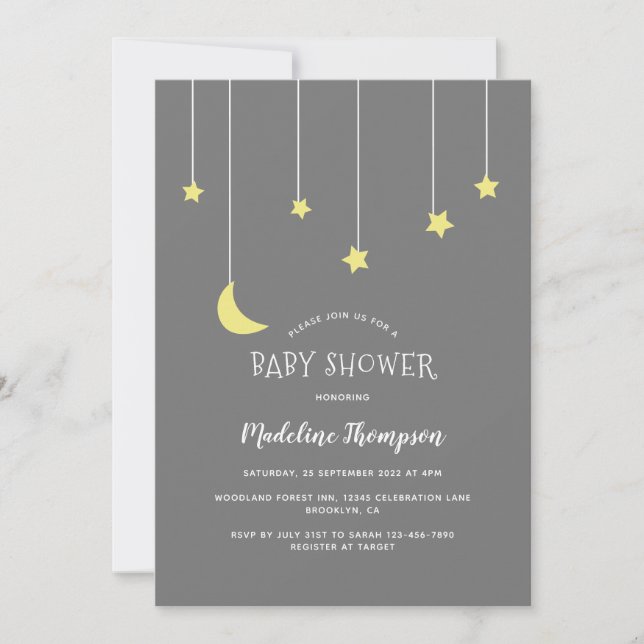 Cute Under the Moon Star Neutral Grey Baby Shower Invitation (Front)