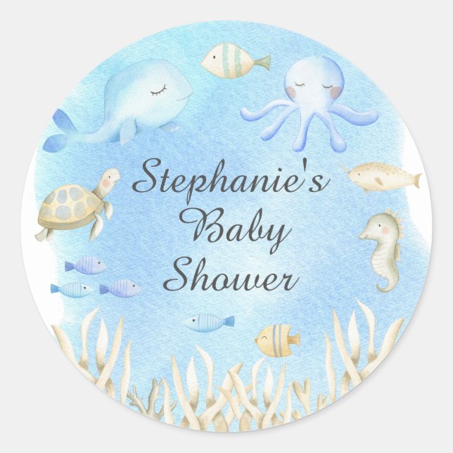 Cute Under the Sea Boys Baby Shower Favour  Classic Round Sticker (Front)