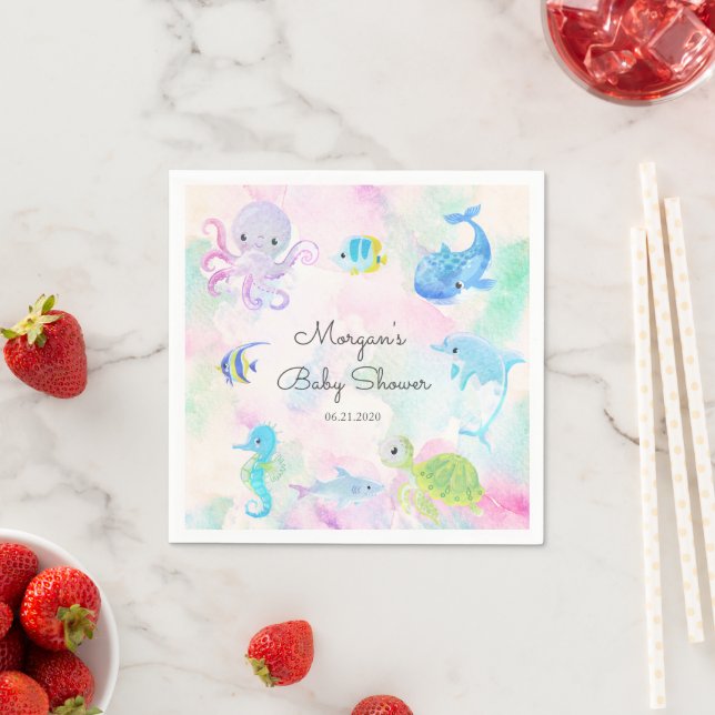 Cute Under the Sea Creatures Baby Shower Monogram Napkin (Insitu)