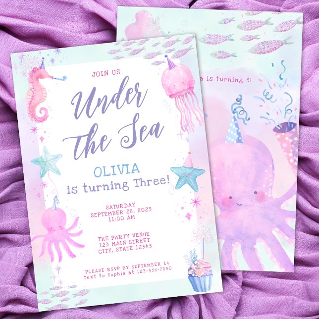Cute Under the Sea Girl's 3rd Birthday Invitation (Creator Uploaded)