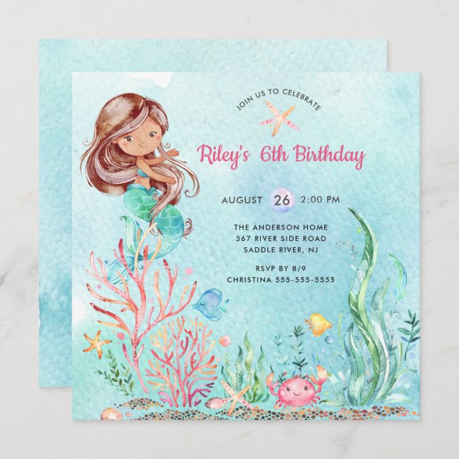 Cute Under the Sea Mermaid Birthday Invitation (Front/Back)